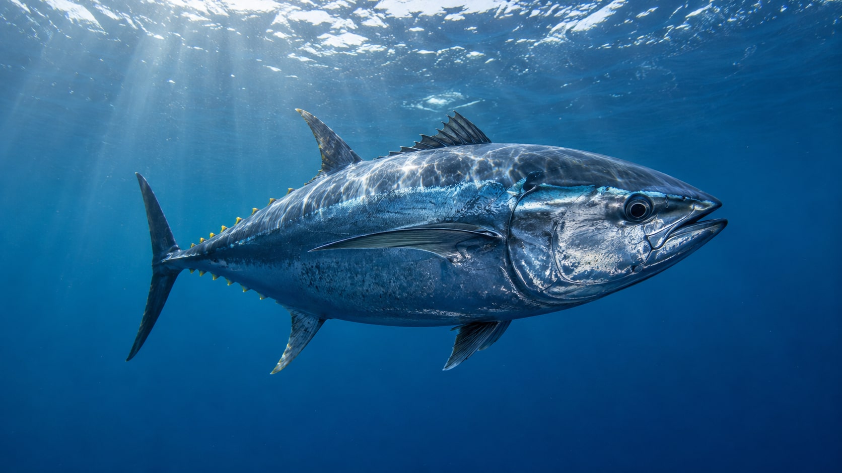 A bluefin tuna swimming in the deep blue open ocean