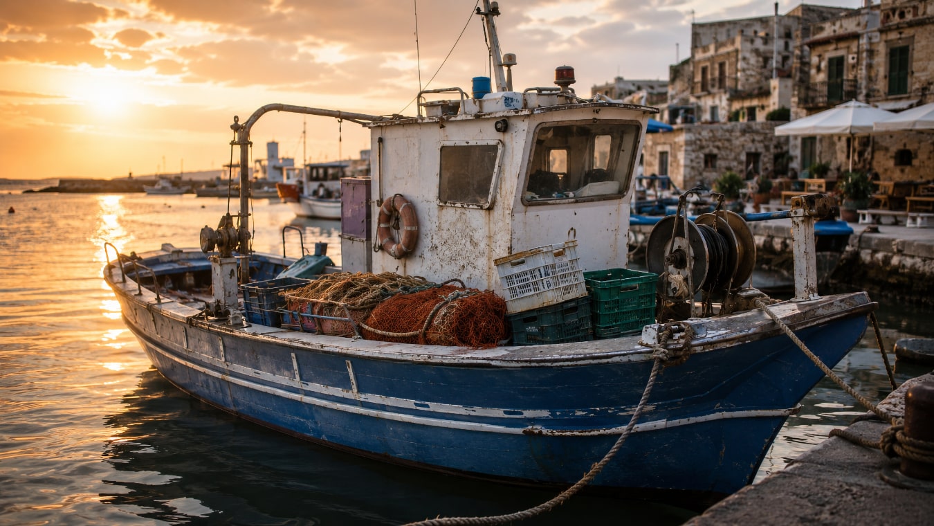 A Mediterranean tuna fishing boat at a harbor at sunset