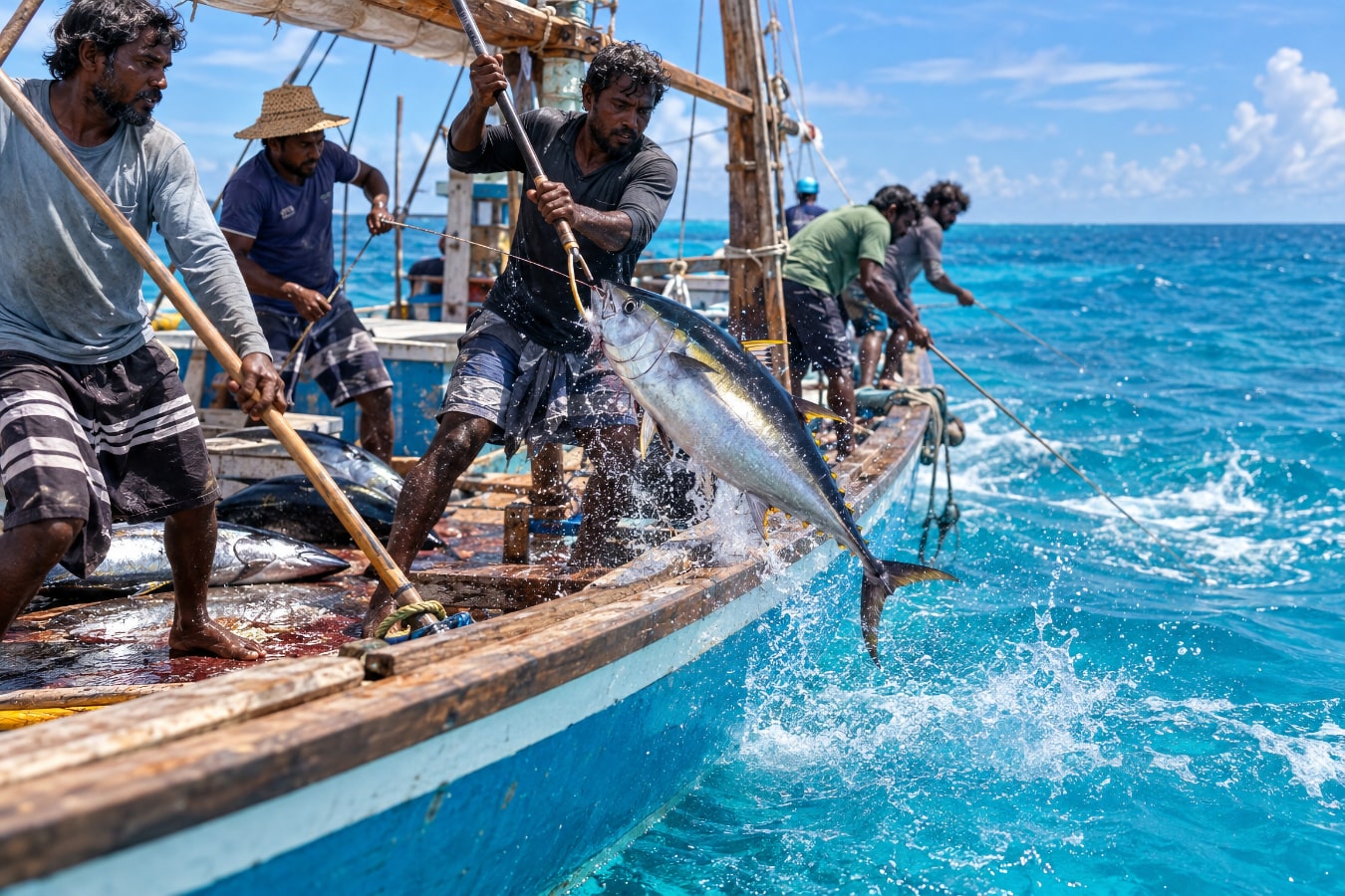 Crew on a blue wooden boat swinging a yellowfin aboard with pole and line