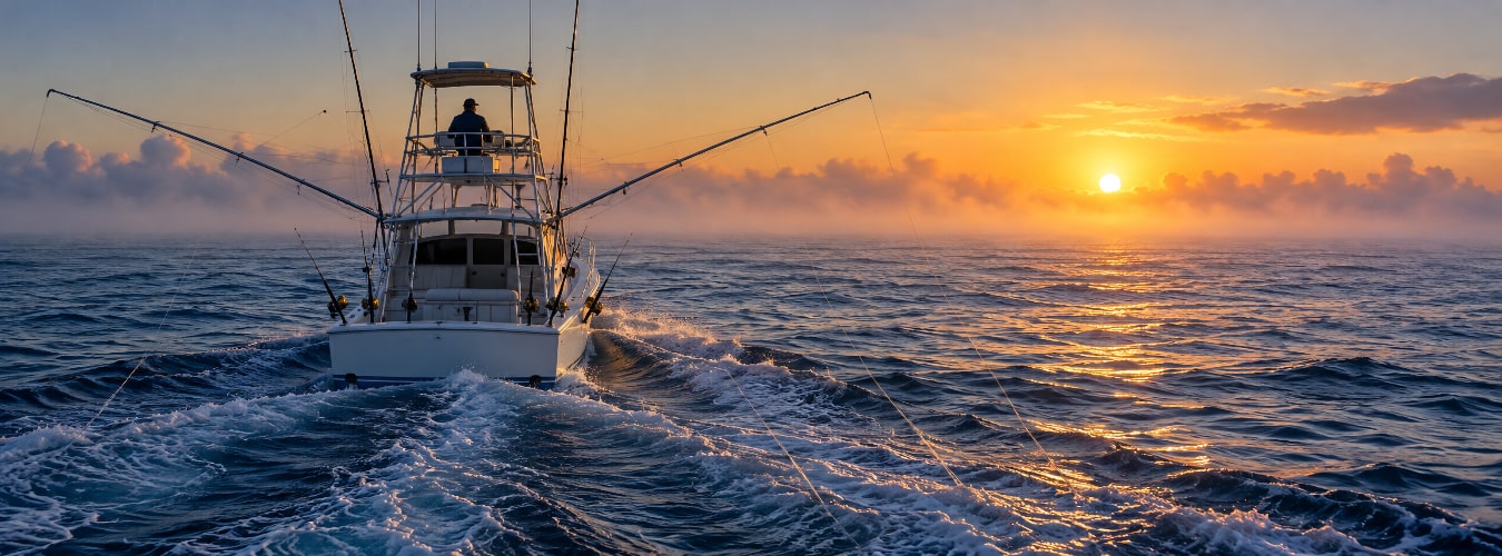 Sport fishing boat heading offshore for tuna fishing at dawn