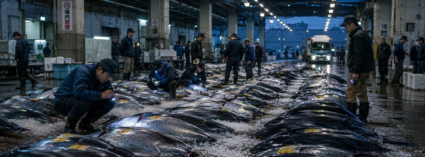 Bluefin tuna lined up on a busy fish auction floor